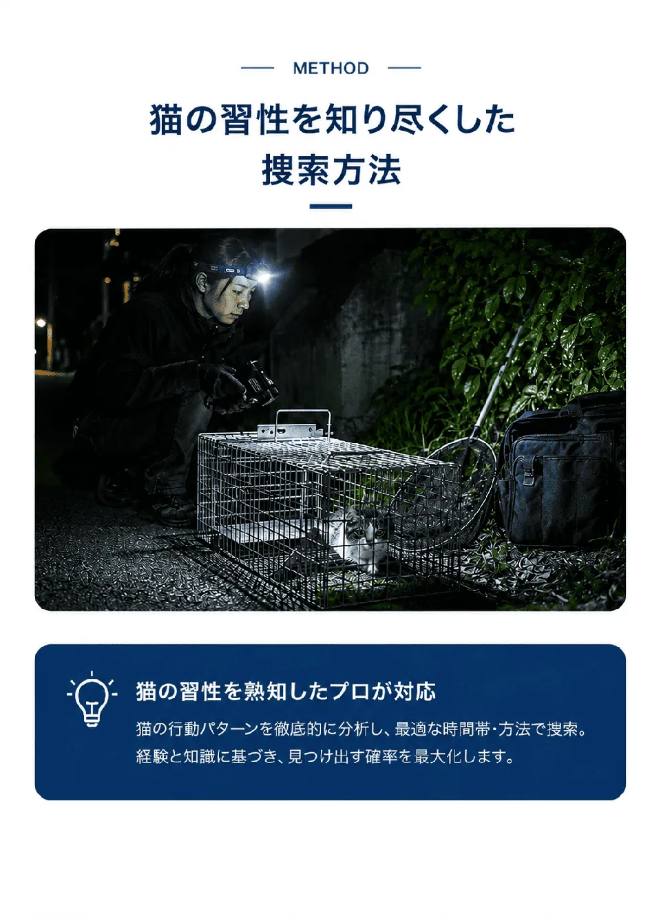 猫の習性を知り尽くした捜索方法。夜間、ヘッドライトを装着したスタッフが捕獲器を設置して捜索する様子。猫の習性を熟知したプロが対応：猫の行動パターンを徹底的に分析し、最適な時間帯・方法で捜索。経験と知識に基づき、見つけ出す確率を最大化します。